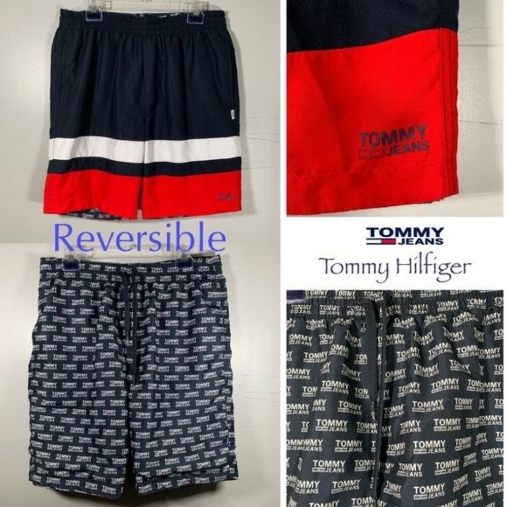 Tommy Hilfiger Shorts Mens Large Tommy Jeans Red White Blue Reversible Logo RARE